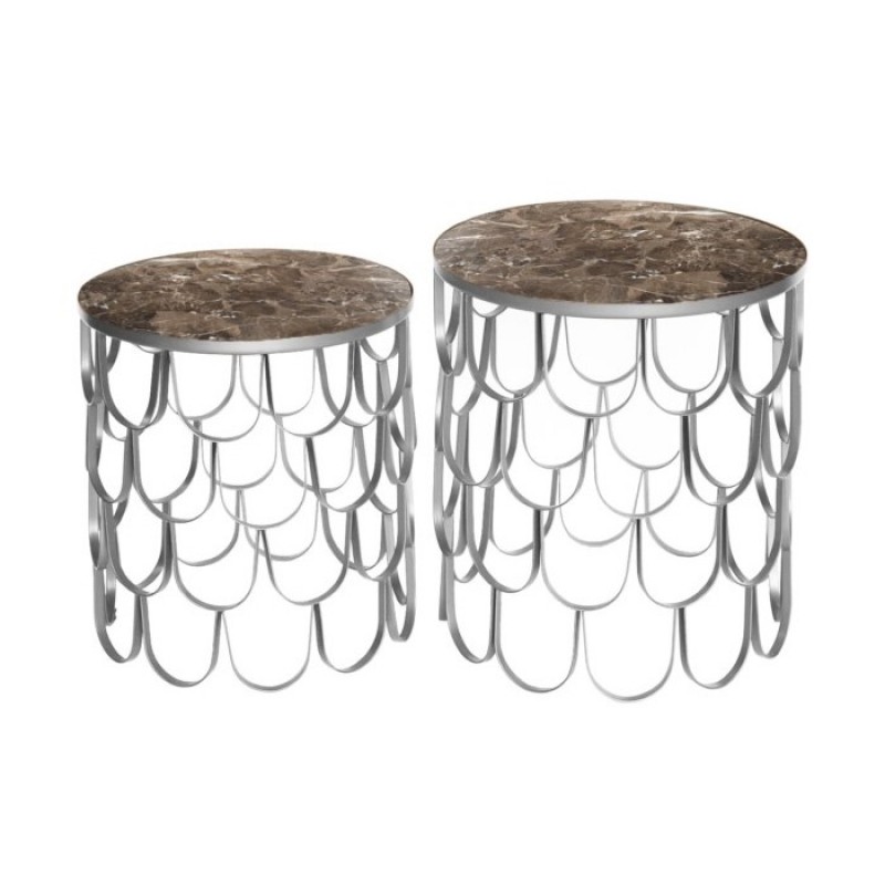 AD SIDE TABLE BROWN MARBLE SET OF 2     - CAFE, SIDE TABLES